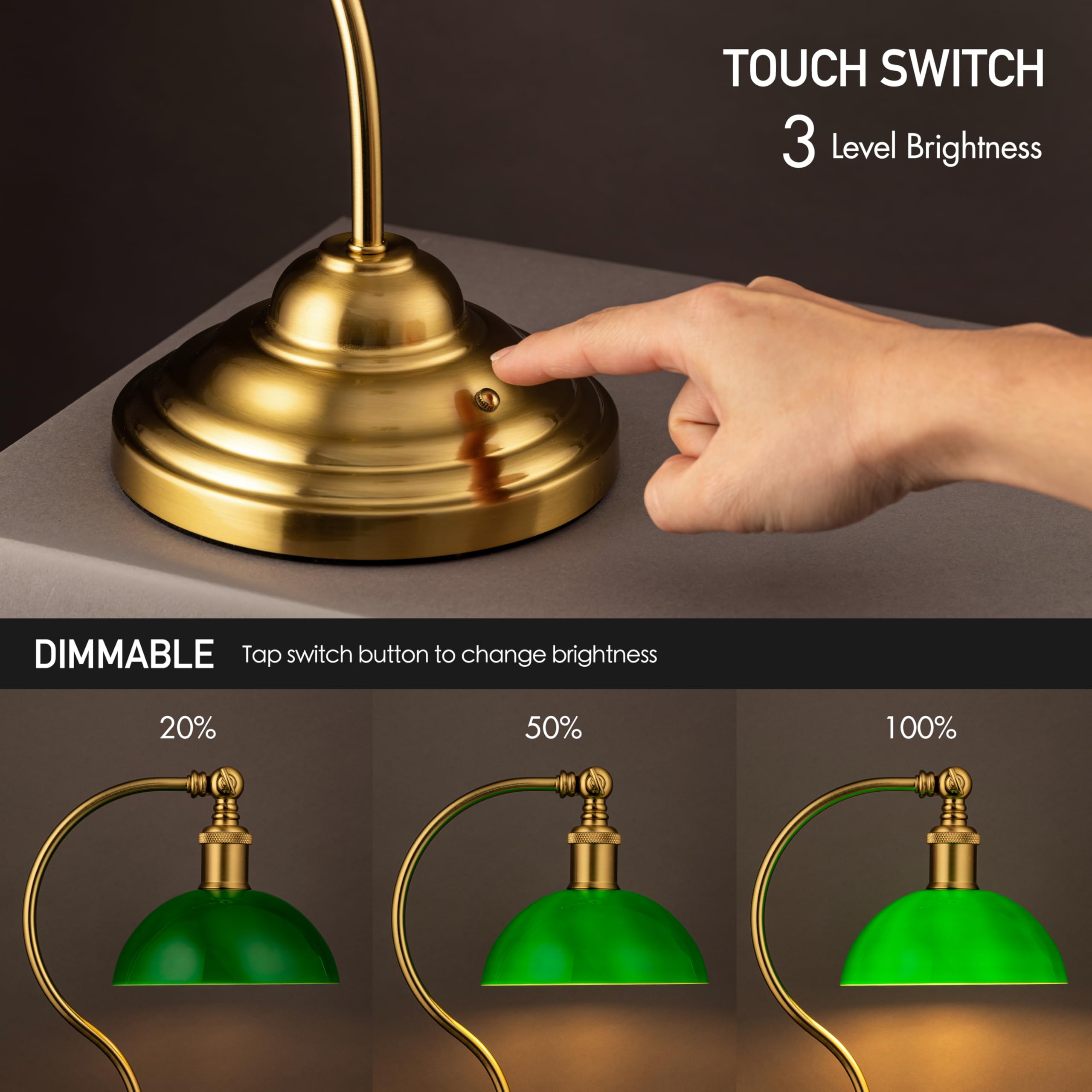 Cordless LED Table Lamp, Battery-Operated, Rechargeable, 3-Level Dimming, Universal USB-C Charging, 180° Swivel Head, Classic Glass Shade, Antique Brass 