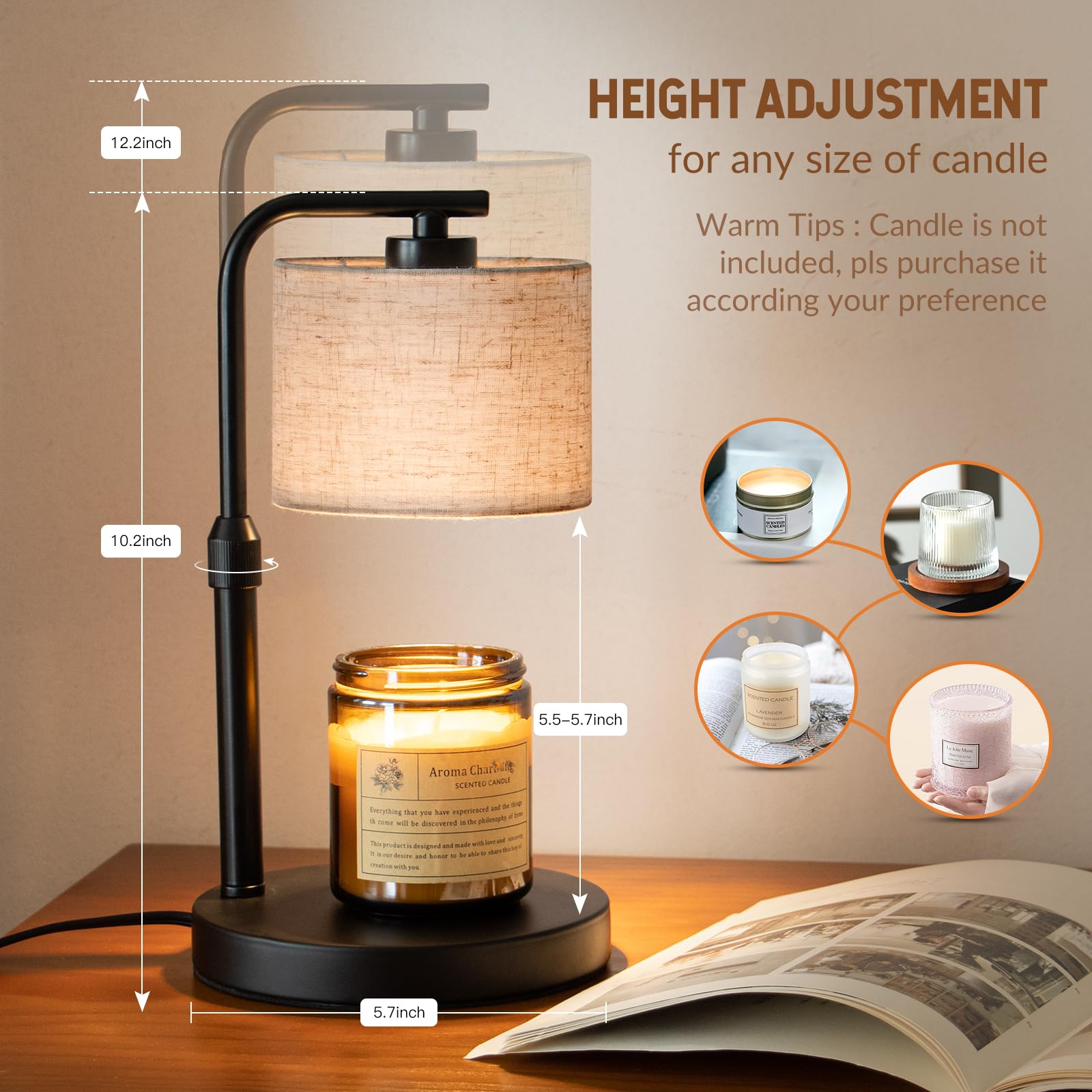 Candle Warmer Lamp with Timer, Dimmable Candle Wax Warmer with 2 Light Bulbs, Height Adjustable Electric Candle Lamp for All Size Scented Candles, Home Room Decor, Gifts for Women Mom 