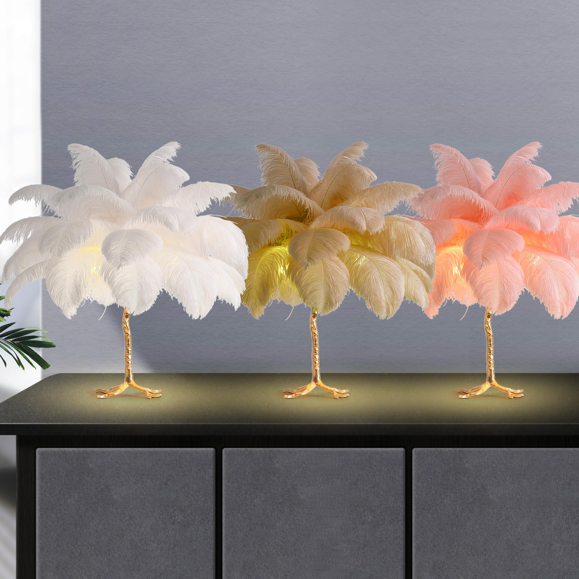 Real Ostrich Feather Table Lamp with Plug in Wire Modern Feather Lamp 3-Light Bedside Table Lamp for Living Room, Bedroom and Office 24” Tall Feather Desk Lamp