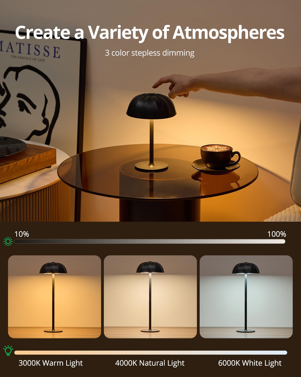 Cordless Table Lamp, Adjustable Height & 3-Color Dimming, Portable Black Wireless Battery Lamp for Bedroom, Dining or Outdoor