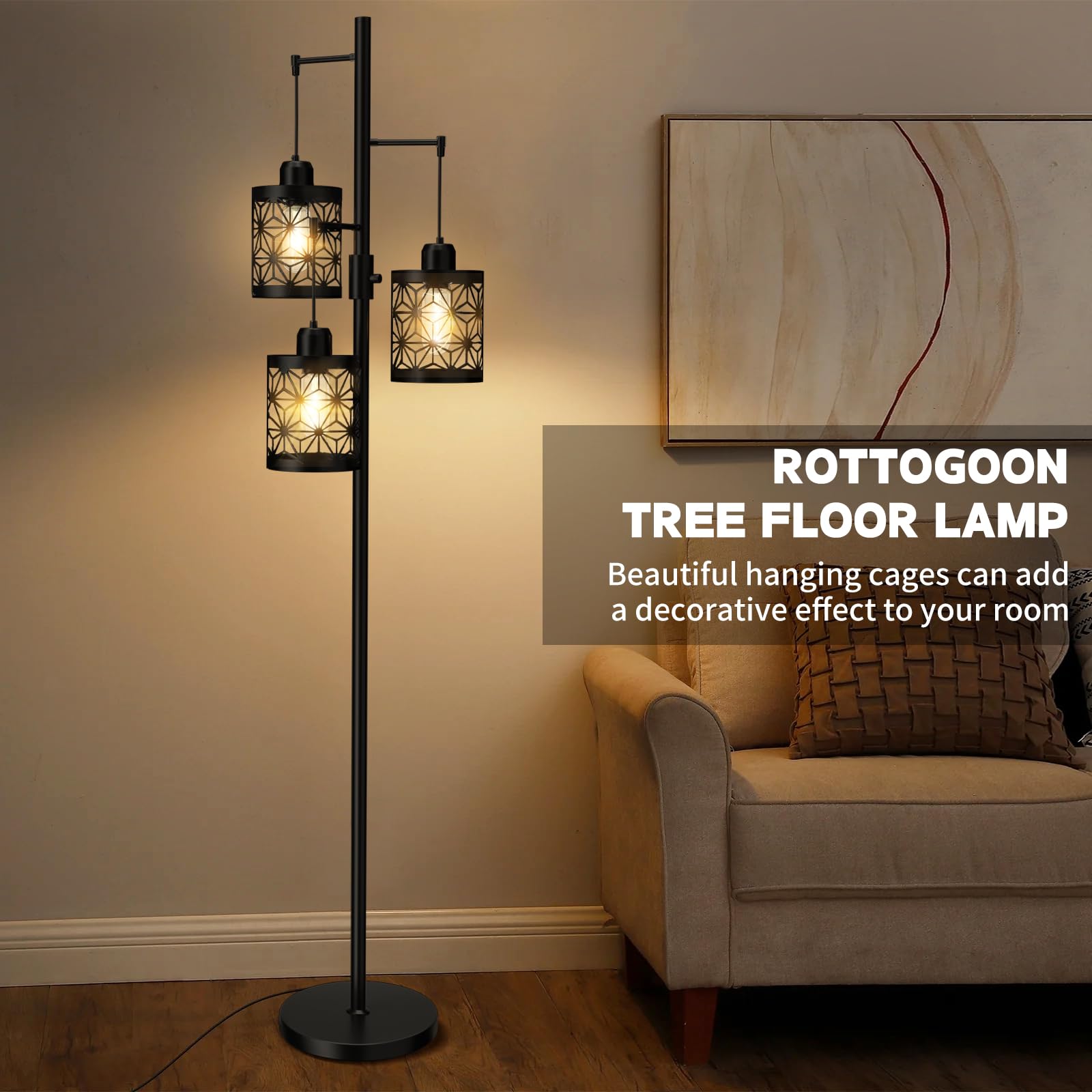 Floor Lamp, Floor Lamp for Living Room, Modern Floor Lamp for Bedroom, Standing Tall Floor Lamps for Office, Dimmable Floor Lamp with Bright 3X 800LM LED Edison Bulbs 