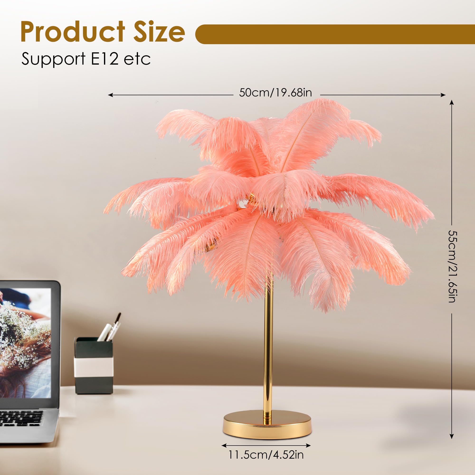  Ostrich Feather Table Lamp with Plug in Wire Modern Feather Lamp 3-Light Bedside Table Lamp for Living Room, Bedroom and Office 24” Tall Feather Desk Lamp