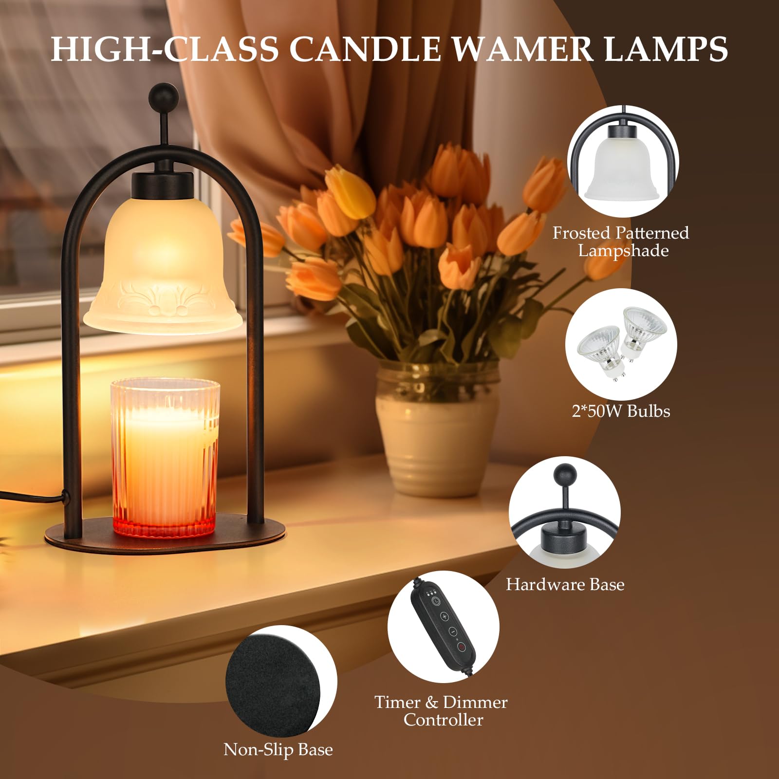 Candle Warmer Lamp with Timer, Electric Candle Warmer Lamp with 2 Bulbs for Jar Candles, Dimmable Timer Heat Melting Wax Candles for Bedroom Home Decor House Warming Gifts 