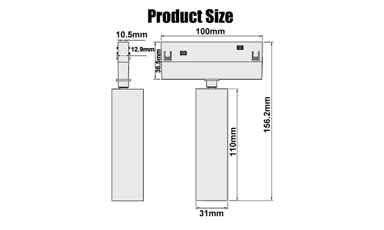 4. Product size line drawing L100W31H156.2mm best-selling LED aluminum track magnet lamp 7W, 3000K 4000K 6000K optional, beam angle 24 degrees 36 degrees 60 degrees, 3-year warranty