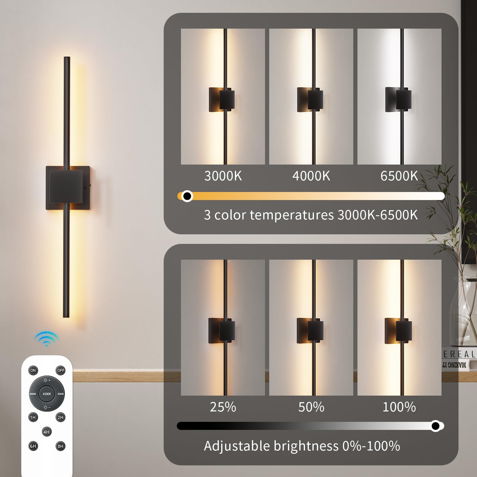 Battery Operated Wall Sconces with Remote Control, Dimmable Wall Sconces with DIY Independently Rotatable Lamppost, 3000K-6000K LED Wall Lights for Living Room, Bedroom, 28.3 Inch 