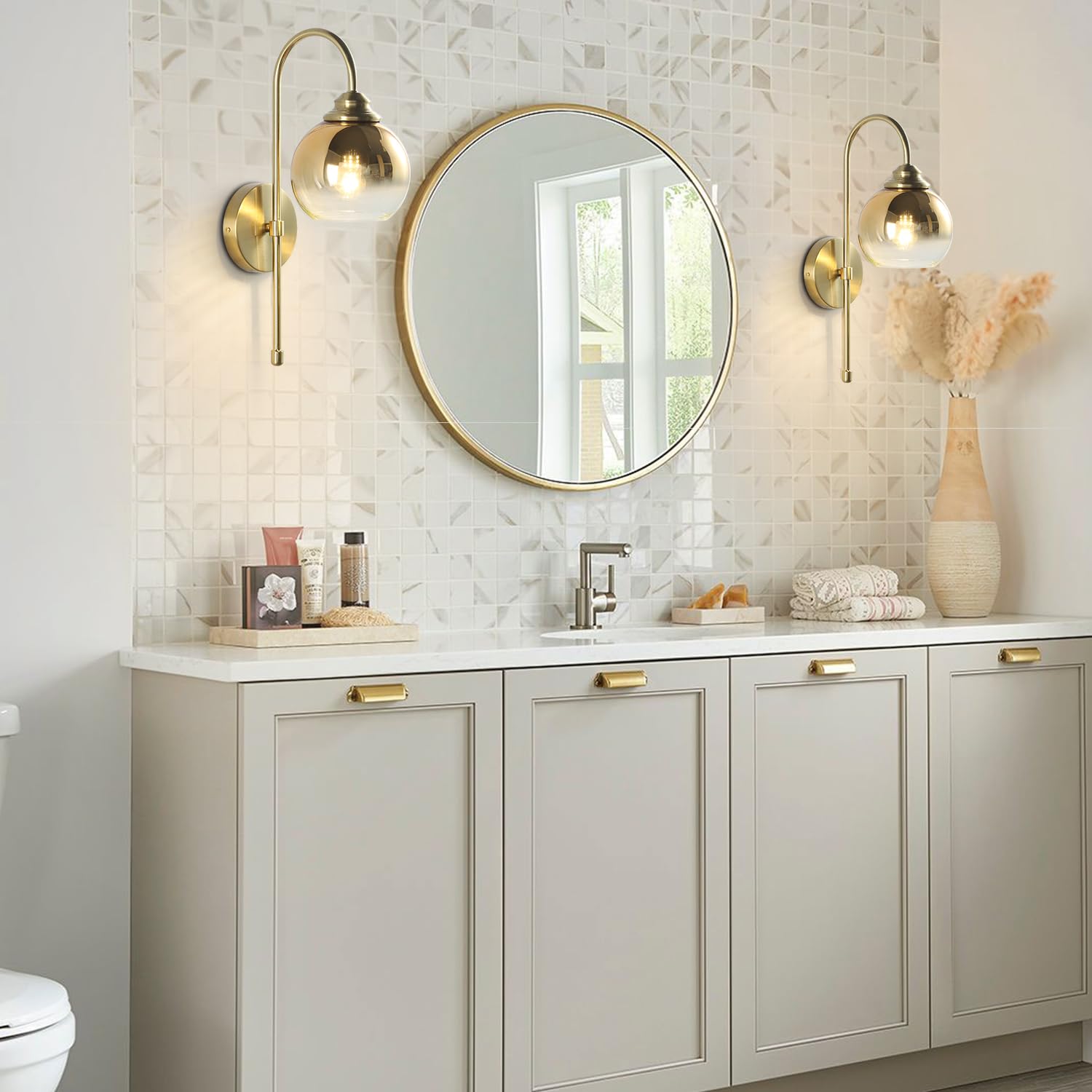  Brass Wall Sconces Vintage Rose Gold Armed Sconce Mid Century Modern Long Sconces Wall Lighting Indoor Large Glass Globe Wall Sconce Bathroom Vanity Wall Light for Bedroom 