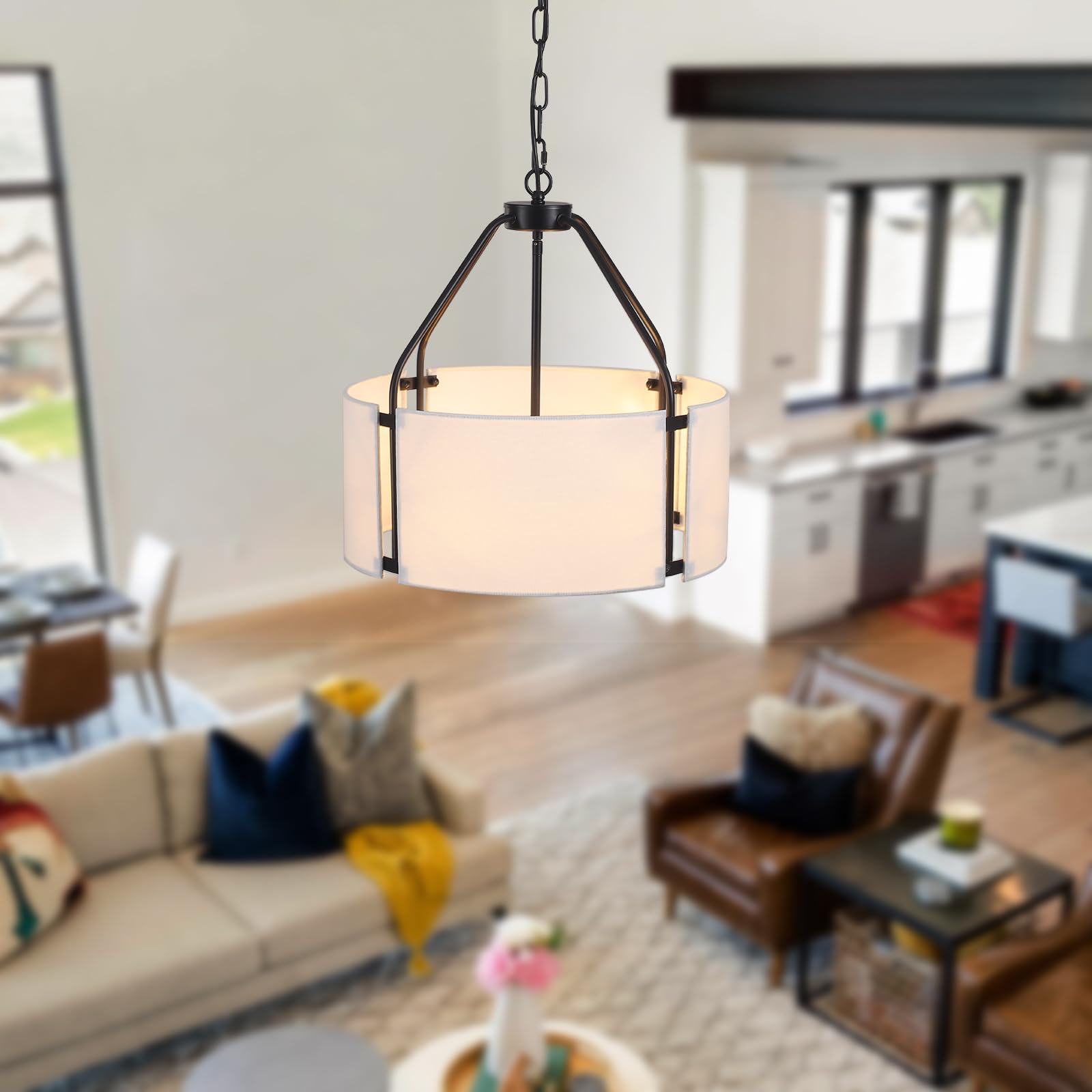 Drum Pendant Light 4Lights, Fabric Drum Pendant Lighting Fixture Drum Hanging Light Simple Modern Pendant Lighting for Dining Room Hallway Foyer 