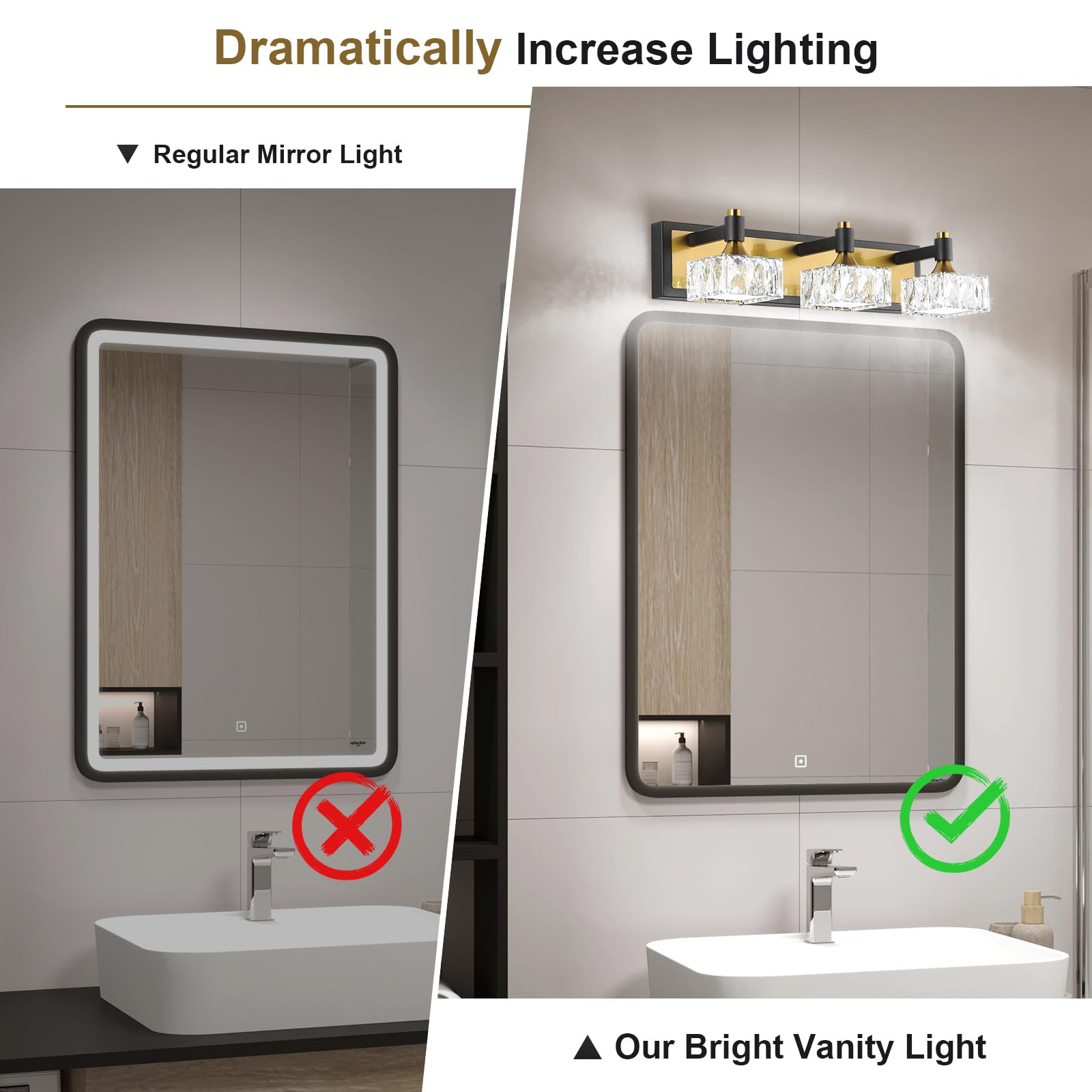3-Light Bathroom Light Fixtures Over Mirror, Dimmable Led Bathroom Vanity Light with Crystal Shade, Black and Gold Modern Wall Sconce Light, Bathroom Lighting Fixtures Over Mirror, Bath Lamp