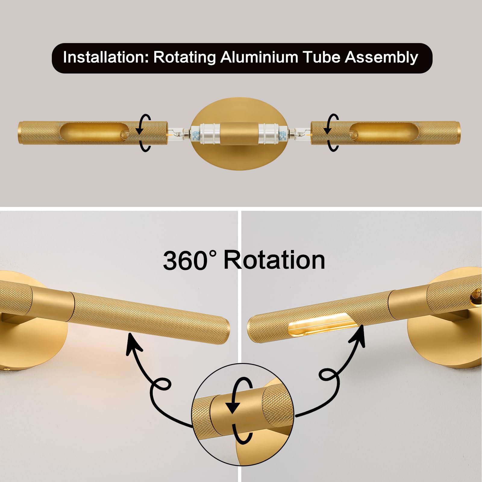 Wall Scones 19.7inch Brass Colour Vanity Mirror Lights for Pictures on Wall, Rotatable 360°Wall Lighting Linear Knurled Texture Wall Sconce, Gold Wall Lamps for Living Room Bedroom Bathroom 