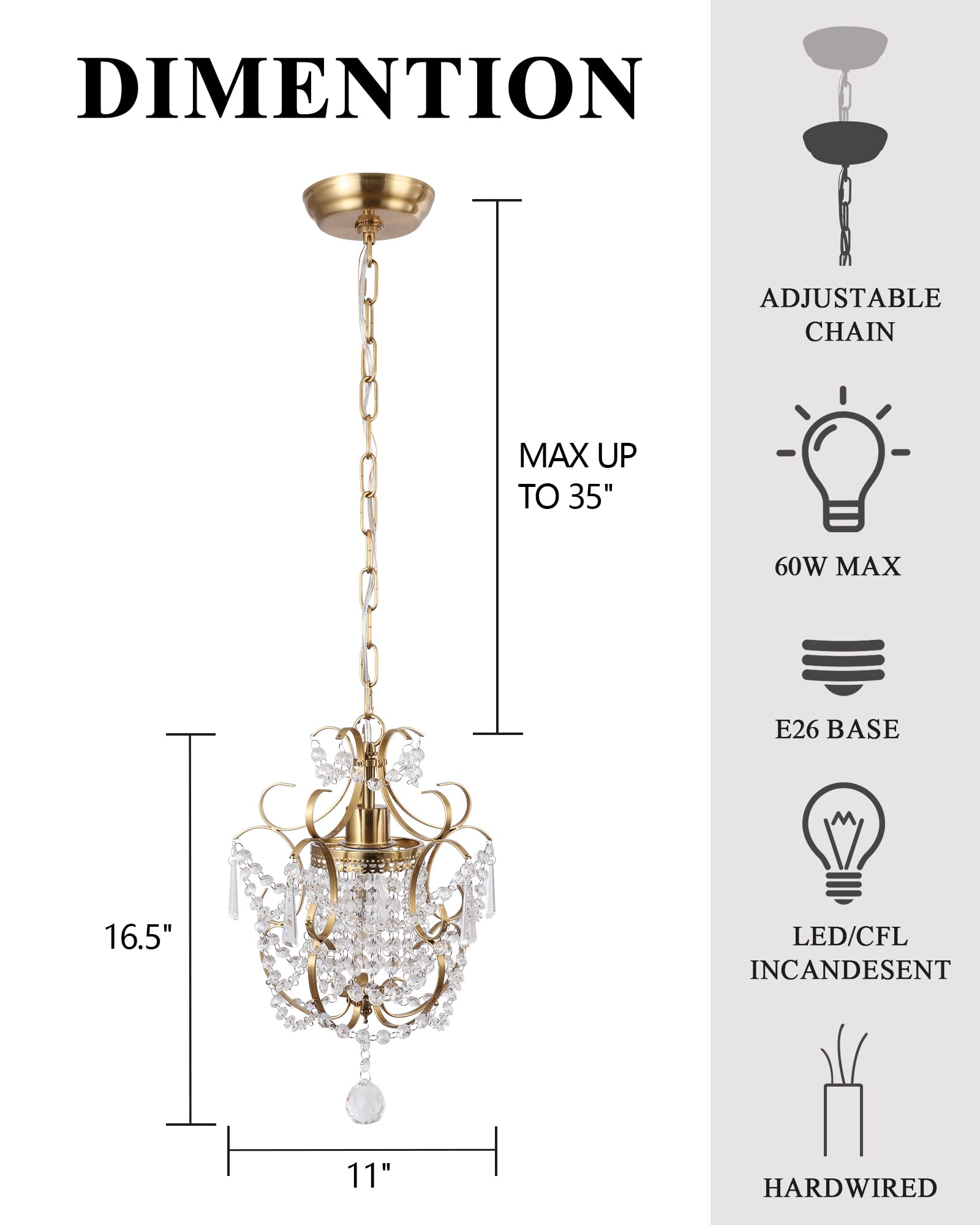 Small Crystal Chandelier, Mini Elegant Crystal Chandelier Light Fixture, 1-Light Pendant Light Fixture, Adjustable Hanging Lighting for Entryway, Bedroom, Girls Room, Kitchen Island