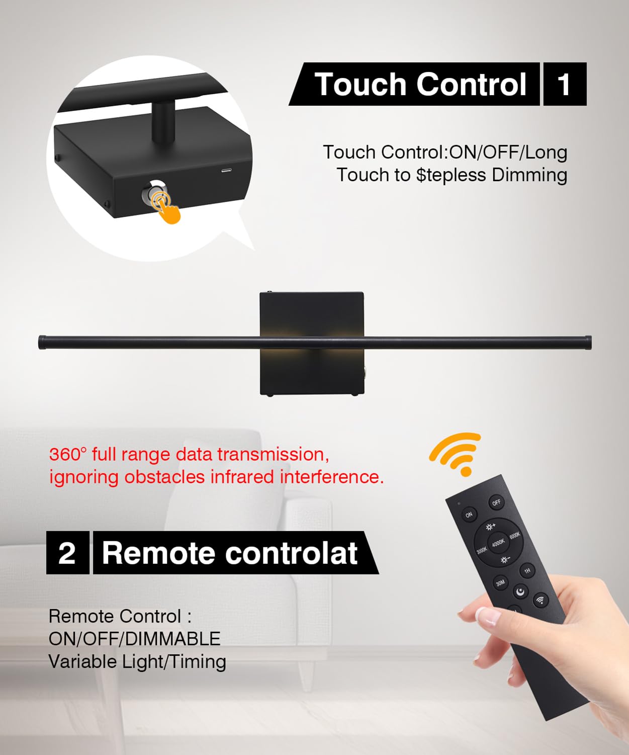Battery Operated Wall Sconces with Remote Control,Wall Sconces Set of Two,3000K-6000K LED Wireless Wall Light for Bedroom, Hallway, Background Wall, 350°Rotate,28.3 Inch