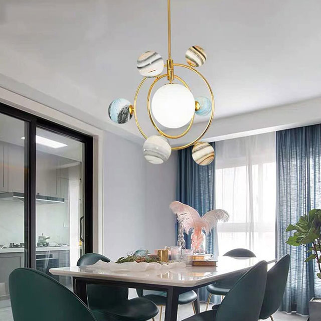 3D Planet Chandelier 7-Light Glass Pendant Lighting Gold Modern Round Hanging Lamp Fixtures with Colorful Glass Globe Shade Nordic Hanging Light