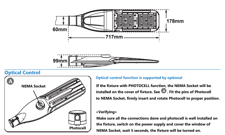 3. Product size line drawing, optical control, China-made LED street lamp 60W70W80W90W110W120W130W150W optional, IP66 waterproof and dustproof, IK10 explosion-proof, 5-year warranty