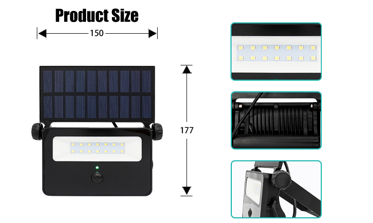 5. Product size diagram, LED modern solar floodlight, IP54 waterproof and dustproof, product size 15040177mm, solar panel 1W5V