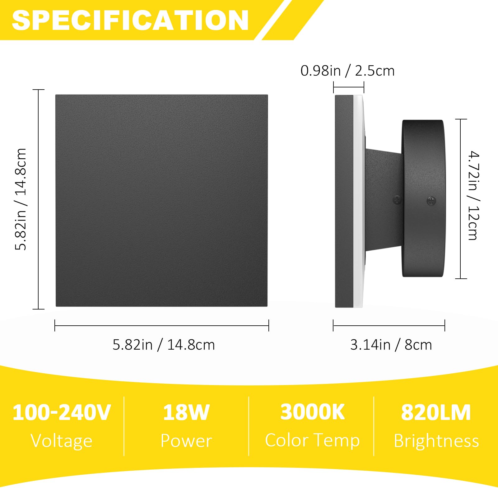  Outdoor LED Wall Light Modern Outdoor Porch Light Patio Light Outdoor Wall Sconce Aluminum Waterproof Porch Lights Indoor Outdoor Sconce Wall Lighting Warm White 3000K (Square) 