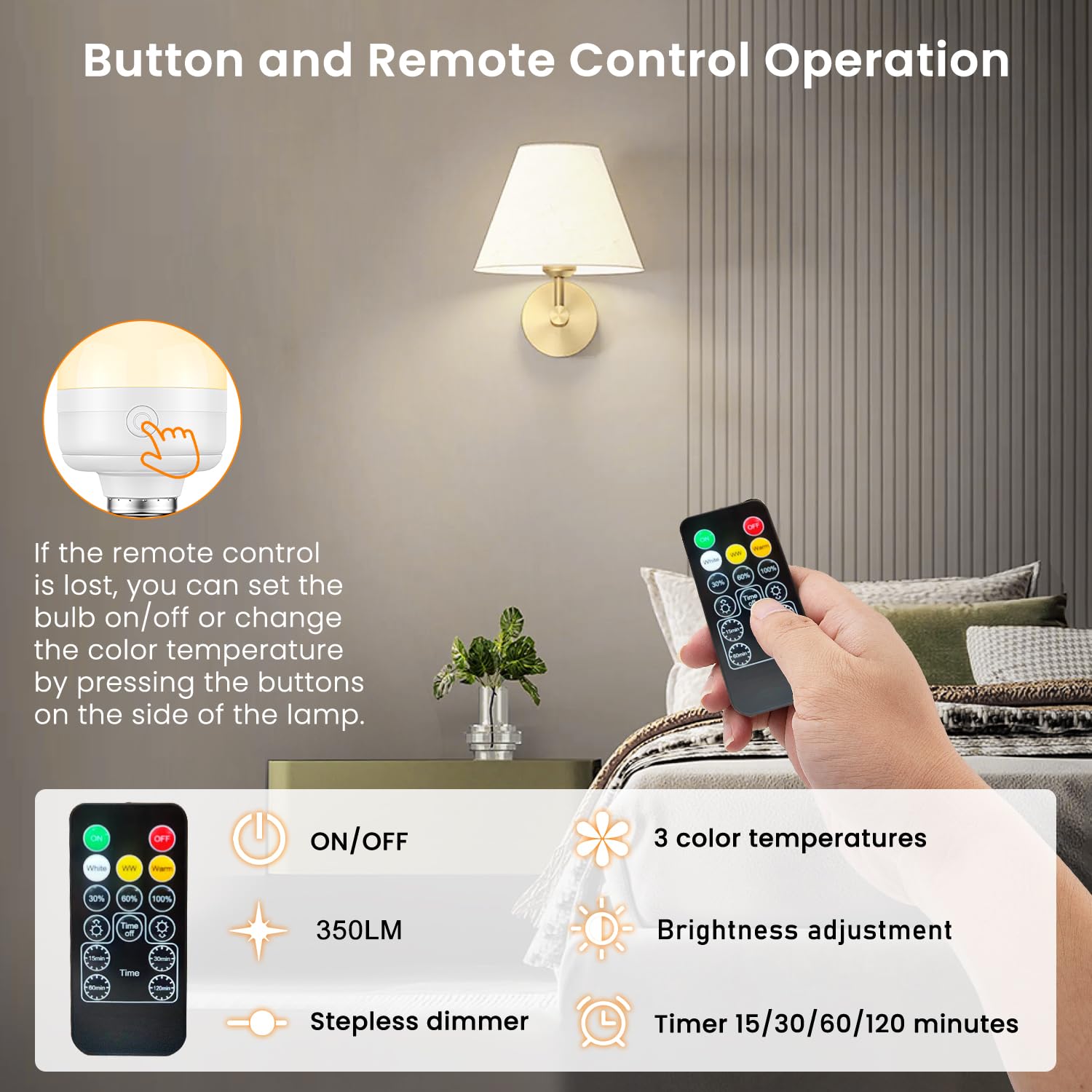 E26 Rechargeable Light Bulbs with Remote Control Timer and 3 Color Temperature Magnetically Battery Operated Light Bulbs Dimmer for Non-Hardwired Detachable (5W+E26+3Colors) 