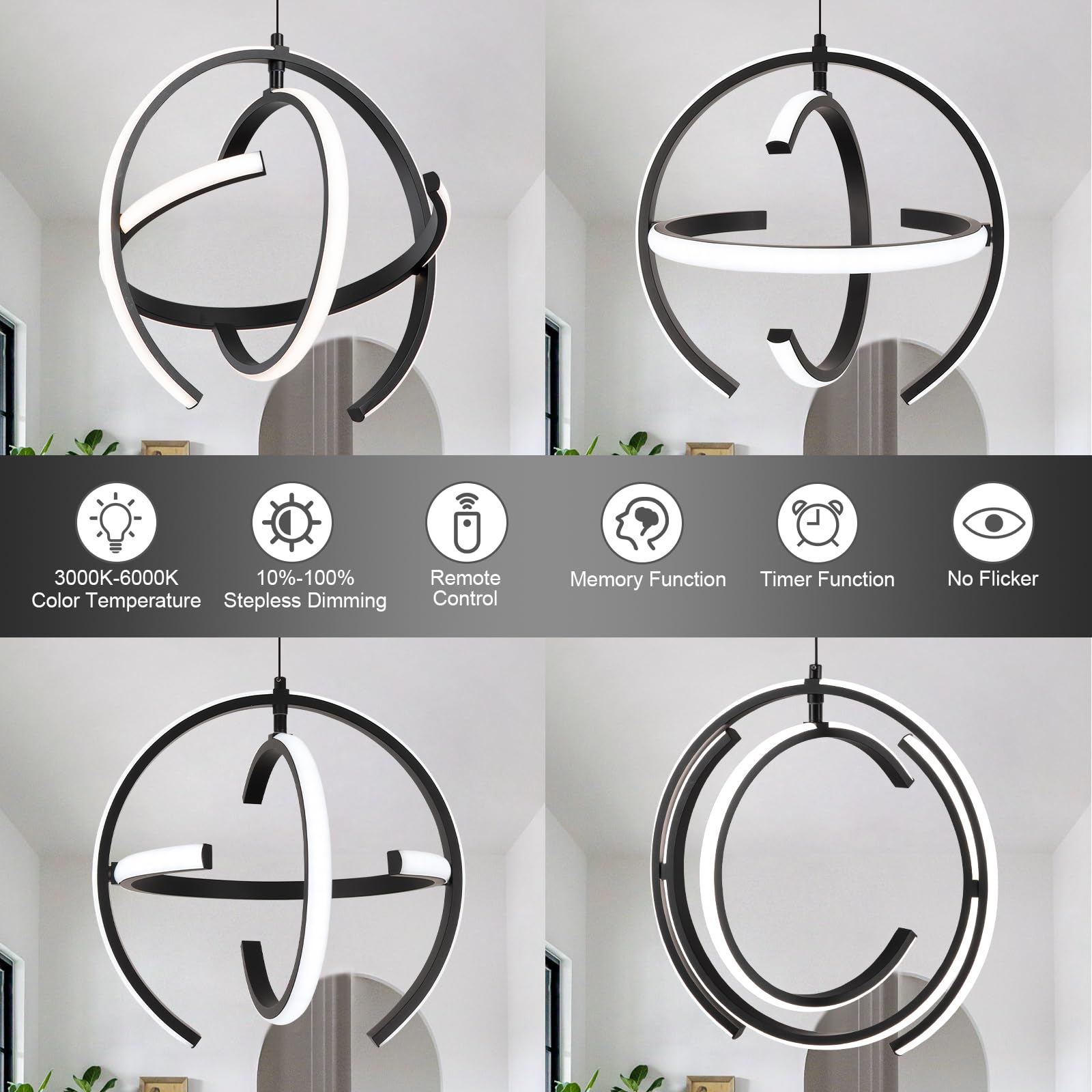Black Modern LED Chandeliers, Dimmable Globe Pendant Lights Fixture, 13.8