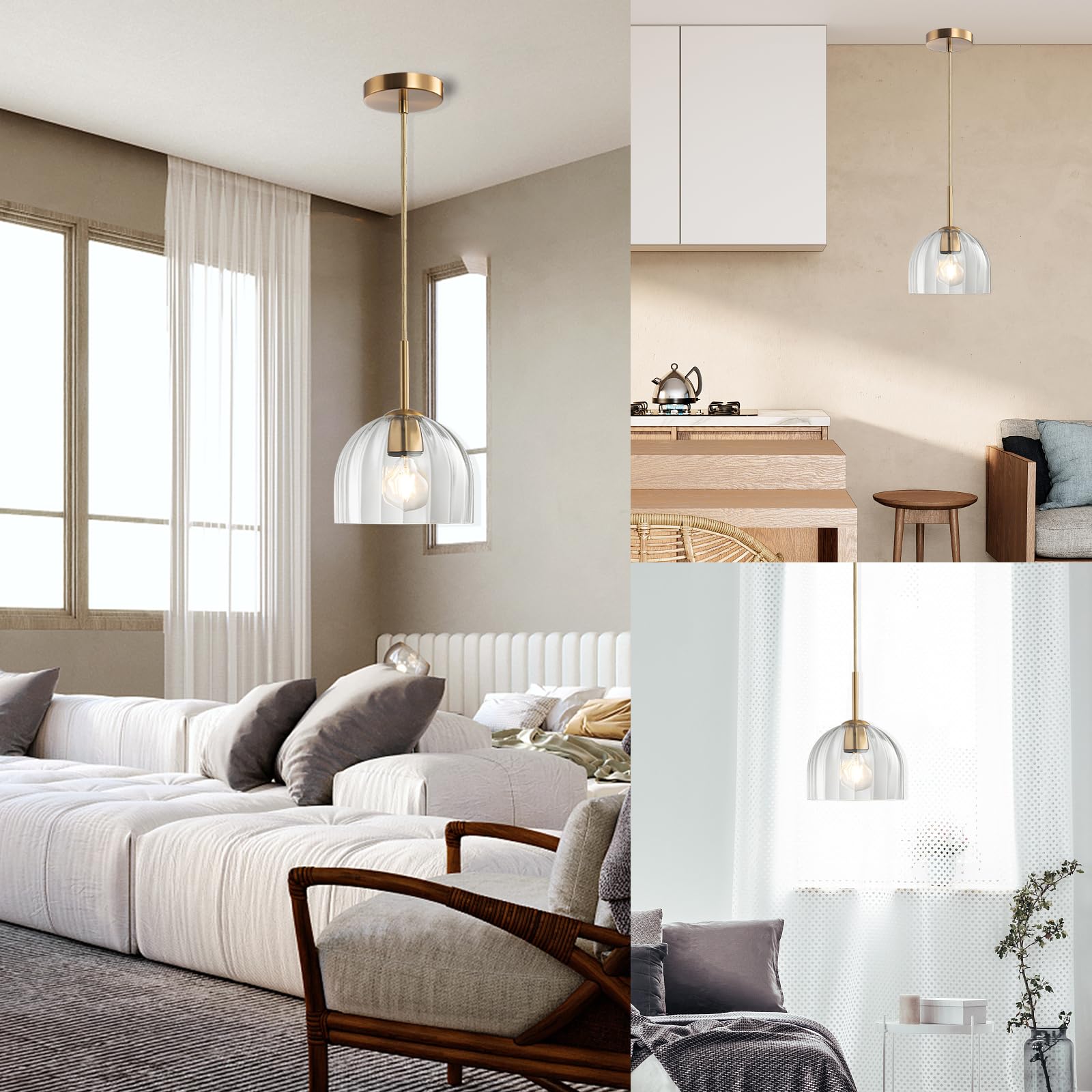 Modern Industrial Pendant Lights, Amber Glass Bell Shape Pendant Lights Kitchen Island with Matte Finished Metal Pendant Light Fixtures 