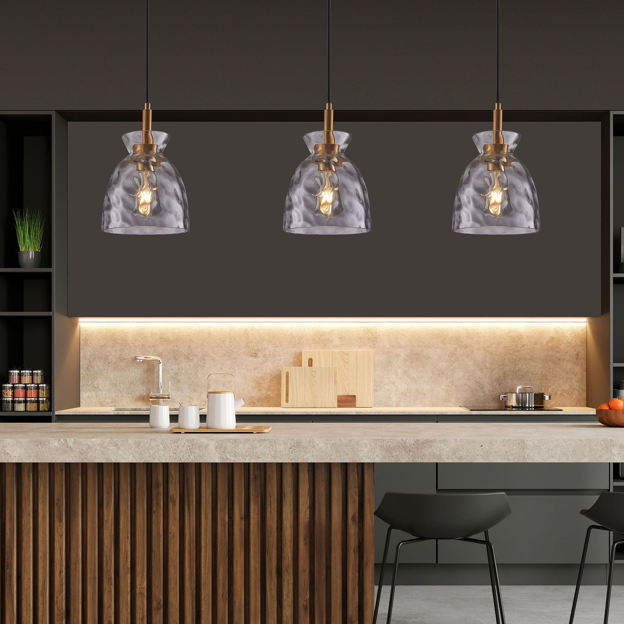 Glass Pendant Light for Kitchen Island,Industrial Pendant Lighting with Hammered Glass Shade,Modern Chandelier Hanging Ceiling Lighting for Dining Room Entryway,E26 Base,Gold 
