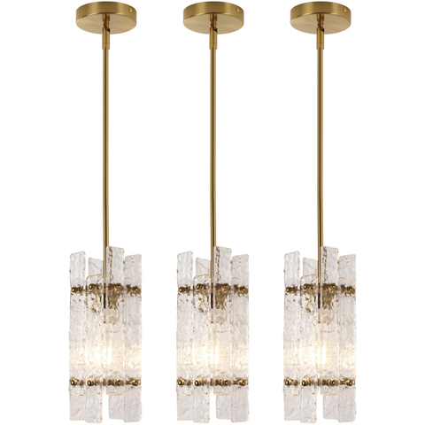 Modern Crystal Pendant Light for Kitchen Island, Gold Luxury Mini Water Ripple Glass Chandelier Lights Fixture, Modern square Adjustable Hanging Pendant Lighting for Dining Room Bedroom