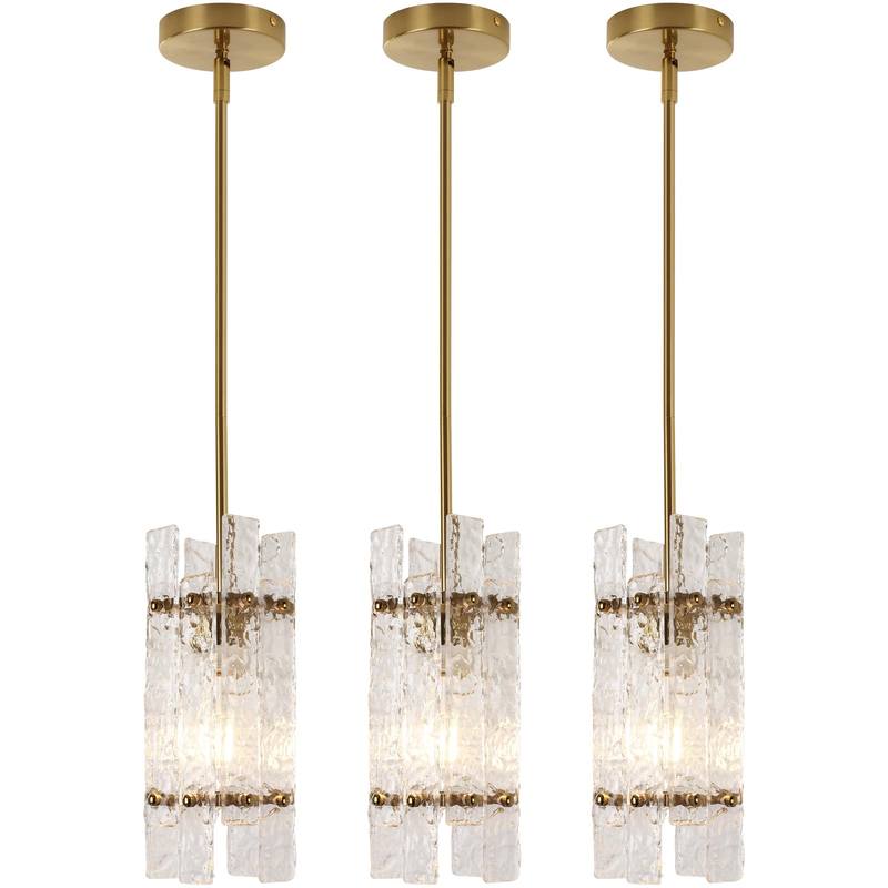 Modern Crystal Pendant Light for Kitchen Island, Gold Luxury Mini Water Ripple Glass Chandelier Lights Fixture, Modern square Adjustable Hanging Pendant Lighting for Dining Room Bedroom
