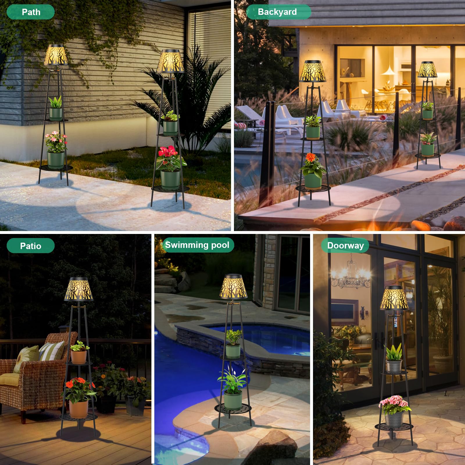 45.5'' Solar Lights with 2 Tier Plant Stand, Metal Solar Floor Lamps, Solar Powered Outdoor Waterproof Lights Flower Shelf for Patio Deck Yard Garden Porch Decor 