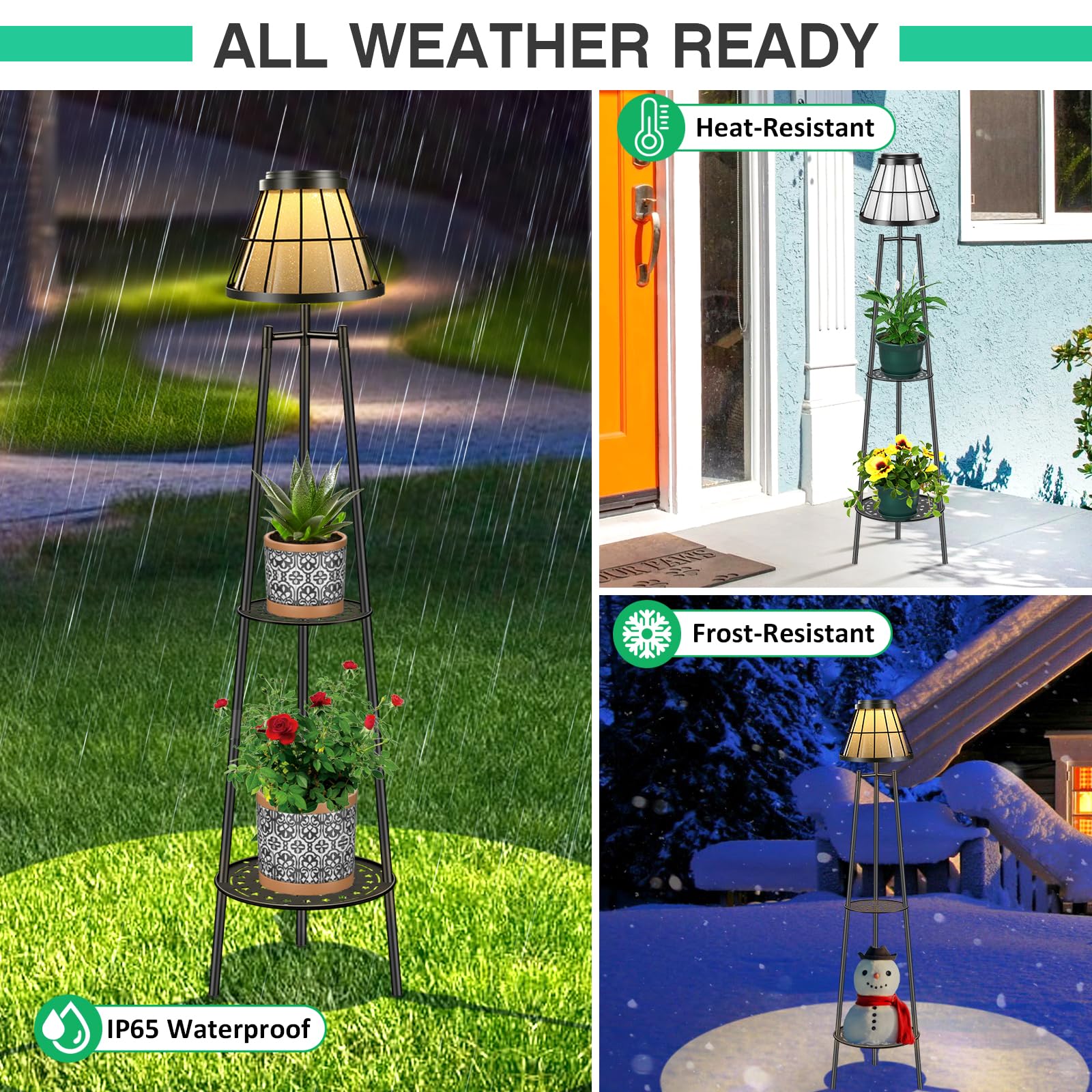 45.5'' Solar Floor Lamps with 2 Tier Plant Stand, Waterproof Metal Solar Powered Outdoor Lights Flower Shelf for Patio Deck Yard Garden Porch Decor 