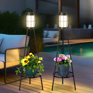 Solar Lights with Plant Stand, Solar Floor Lamps, Waterproof Solar Powered Outdoor Lights Flower Shelf for Patio Porch Deck Yard Garden Decor 