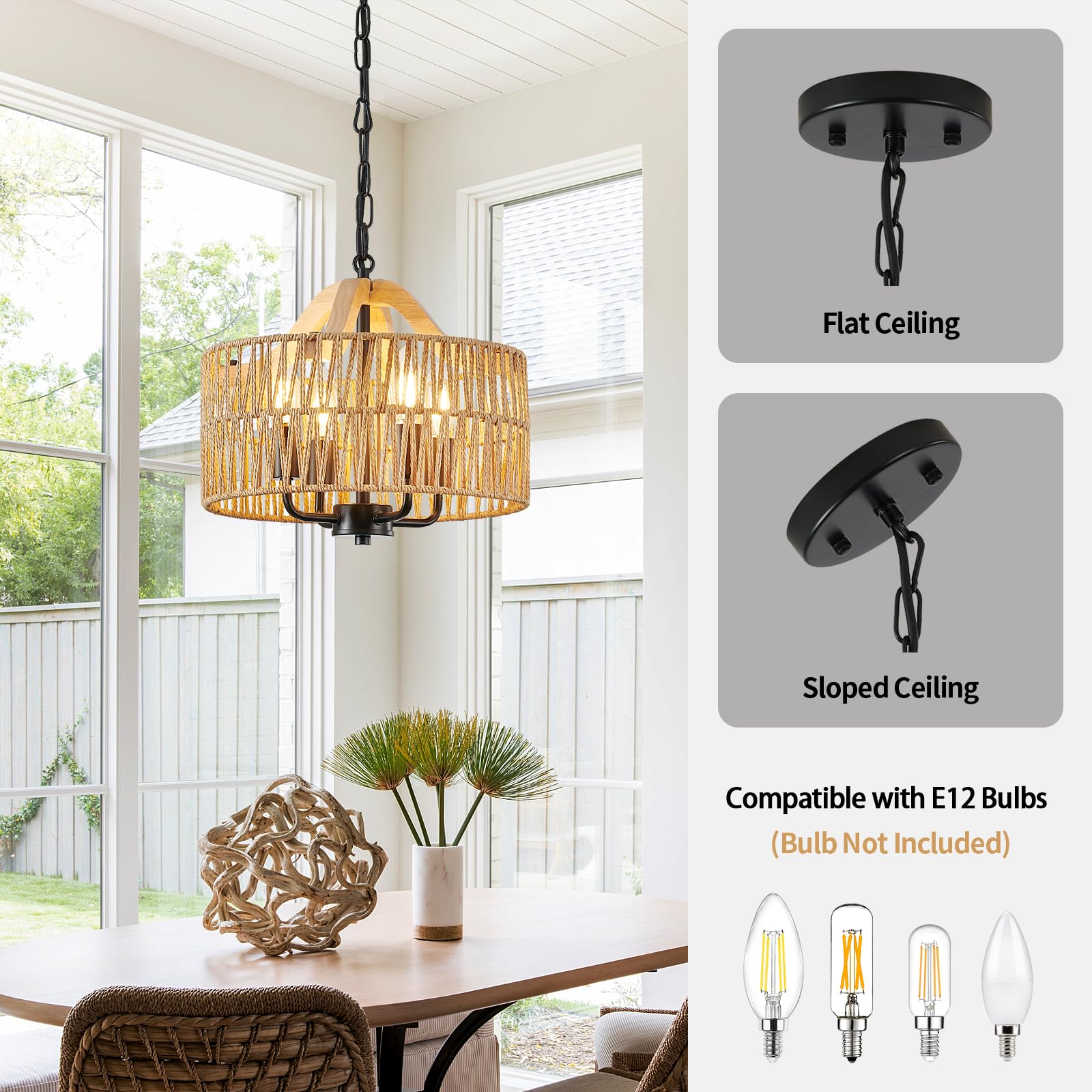 Antique Dining Room Light Fixture, 4-Light Rattan Pendant Light with Drum Shade, Adjustable Woven Wicker Ceiling Hanging Light, Farmhouse Boho Chandelier for Living Room Kitchen Island 