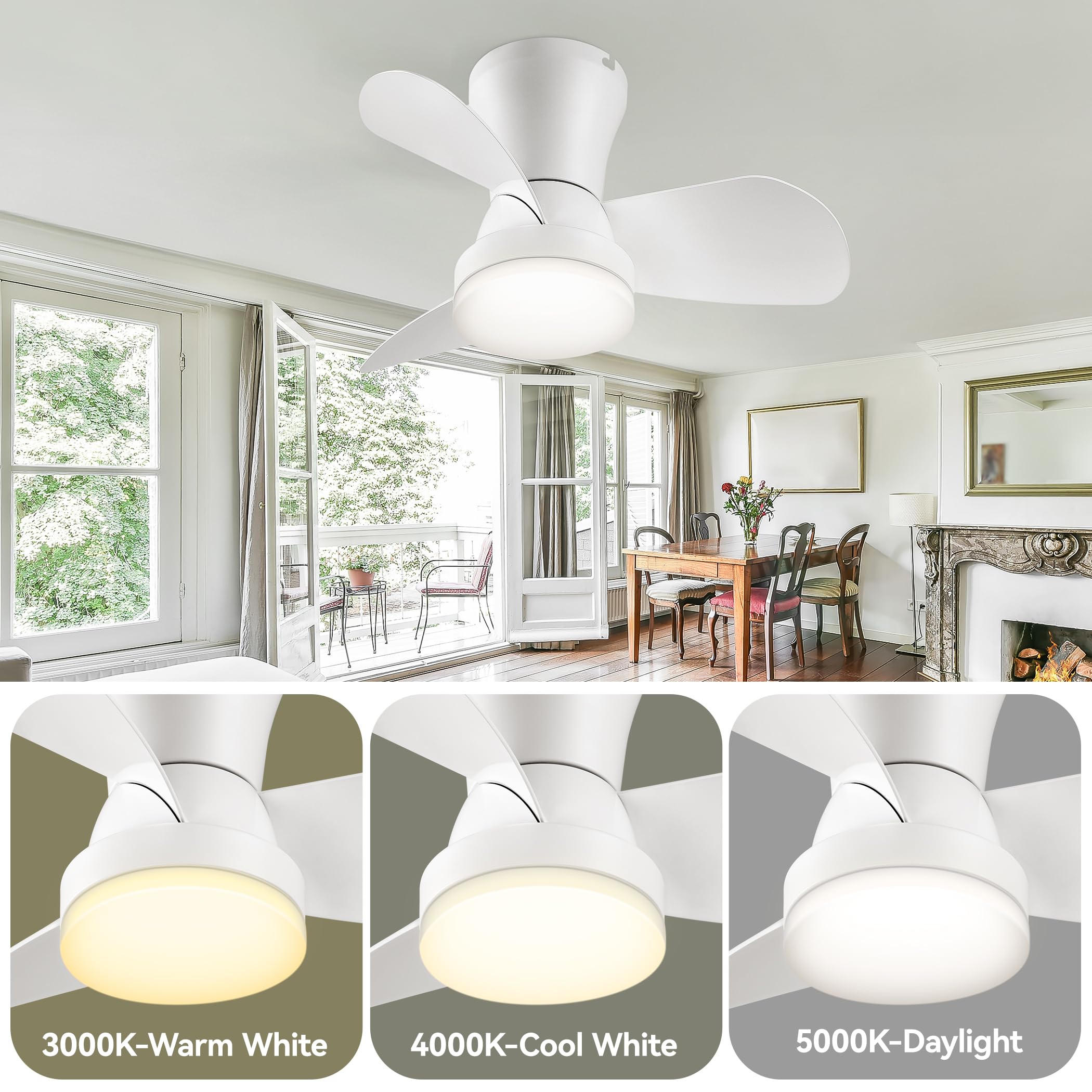 Ceiling Fans with Lights and Remote, Low Profile Ceiling Fan with Light, Modern Flush Mount Ceiling Fan for Bedroom/Kitchen/Dining Room/Patio, 6 Wind Speeds, Dimmable