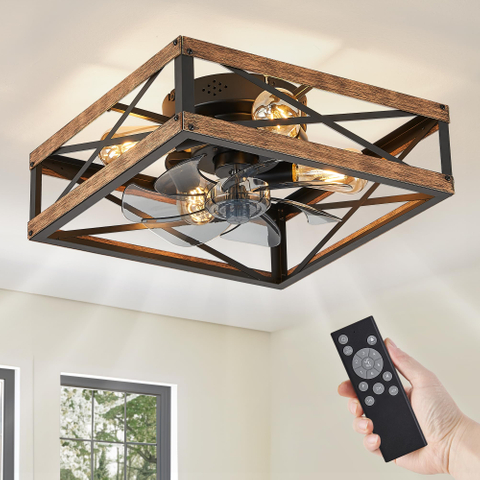 Caged Low Profile Ceiling Fans with Lights and Remote, Rustic Square Flush Mount Ceiling Fan, 6 Speed and Reversible, Small Farmhouse Bladeless Ceiling Fan for Bedroom, Kitchen, Dining Room 