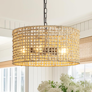 17.7" Rattan Dining Room Light fixtures, 5-Light Hand Woven Pendant Lights Kitchen Island Rattan Boho Chandelier Bohemian Hanging Ceiling Lights Wicker Lighting for Restaurants Living Room 