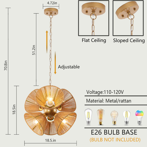 6-Light Rattan Chandelier 18.5 in Boho Light Fixture Hand Woven Country Wicker Chandelier for Dining Room, Living Room, Hallway, Kitchen 