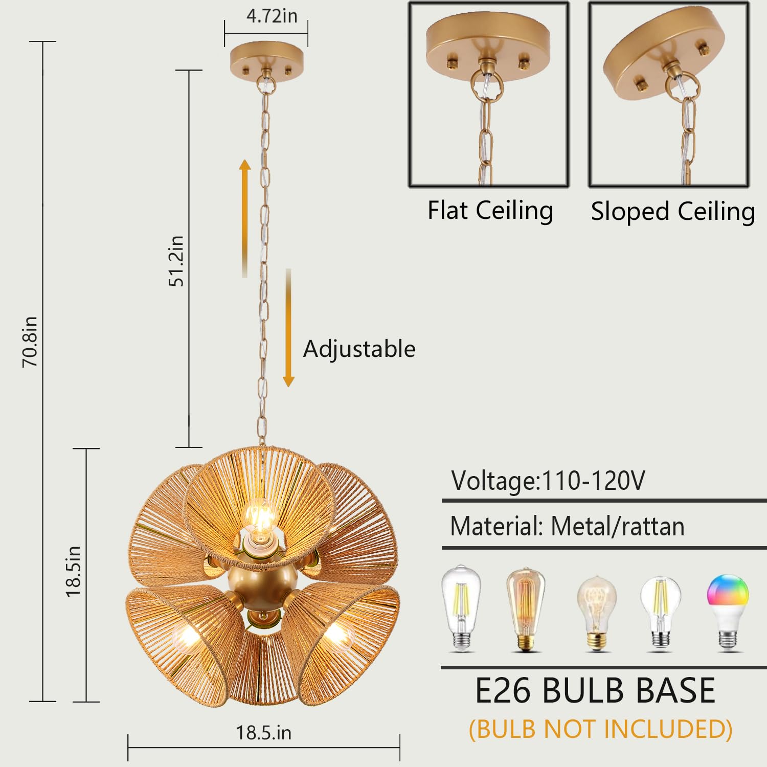 6-Light Rattan Chandelier 18.5 in Boho Light Fixture Hand Woven Country Wicker Chandelier for Dining Room, Living Room, Hallway, Kitchen 