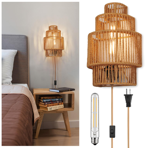 Plug-in Wall Sconce, Handwoven Bohemian Wall Decor with Switch and Bulb, Wall Lights Fixtures for Bedroom Living Room Hallway Porch 