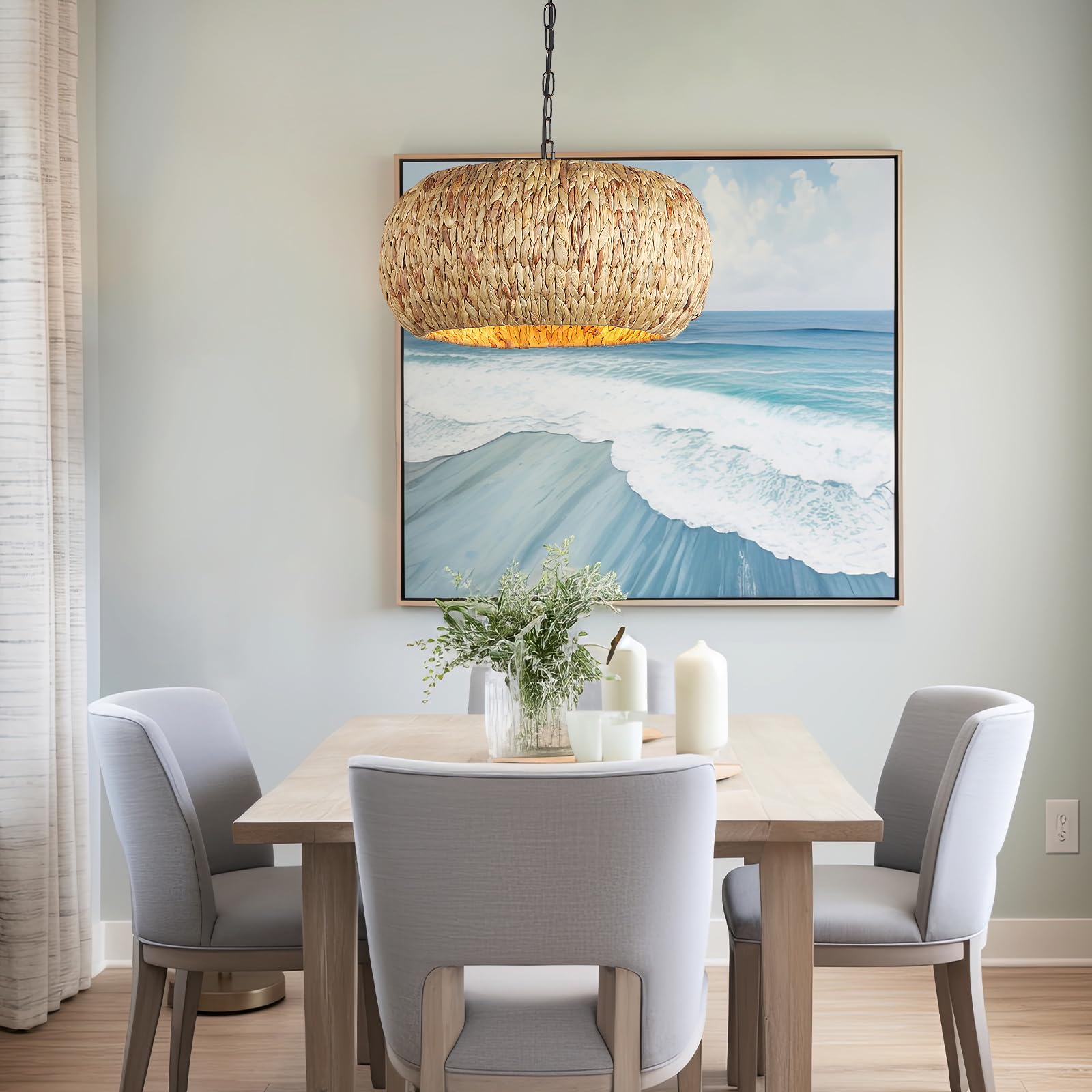 Hand-Woven Boho Pendant Light, 17.7" 5-Light Bohemian Rattan Lighting Fixture Natural Weaving Hanging Ceiling Light Coastal Wicker Chandelier for Kitchen Island Living Dining Room Restaurants 