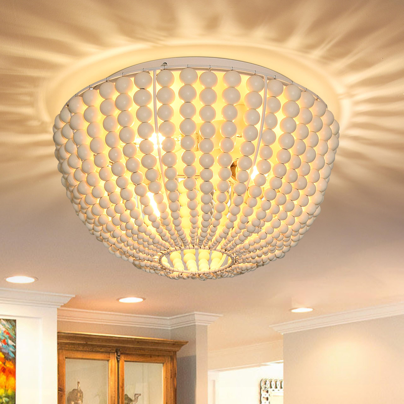 3 Light 12.6 Inch Boho Light Fixtures Ceiling Wood Beaded Flush Mount Ceiling Light Bohemia Wood Beaded Chandelier Farmhouse Boho Chandelier Light Fixture for Dining Room 