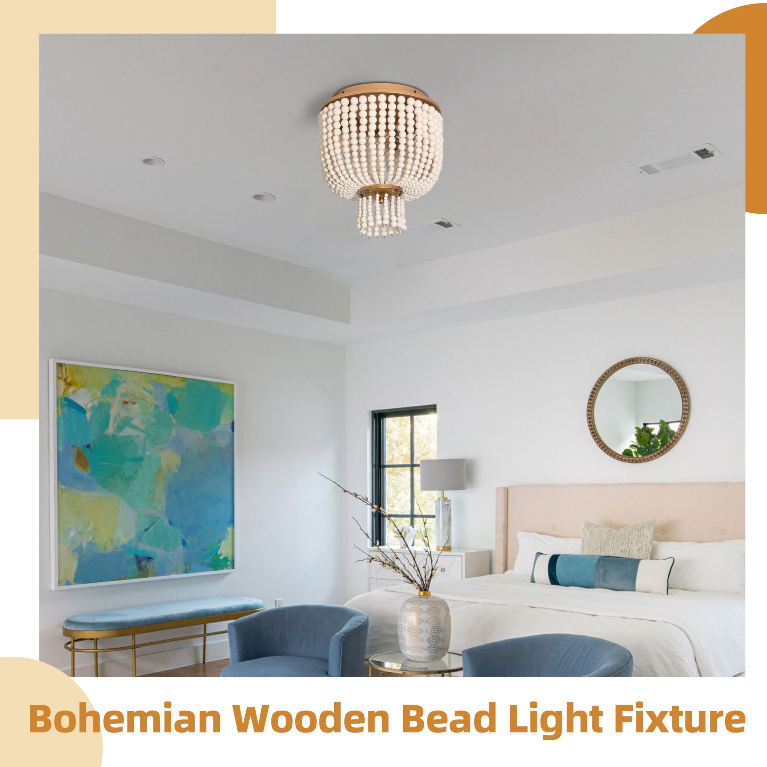 3 Light 12 Inch Boho Light Fixtures Ceiling Wood Beaded Flush Mount Ceiling Light Bohemia Wood Beaded Chandelier Natural Wood Beaded Chandelier Boho Light Fixture for Living Room 
