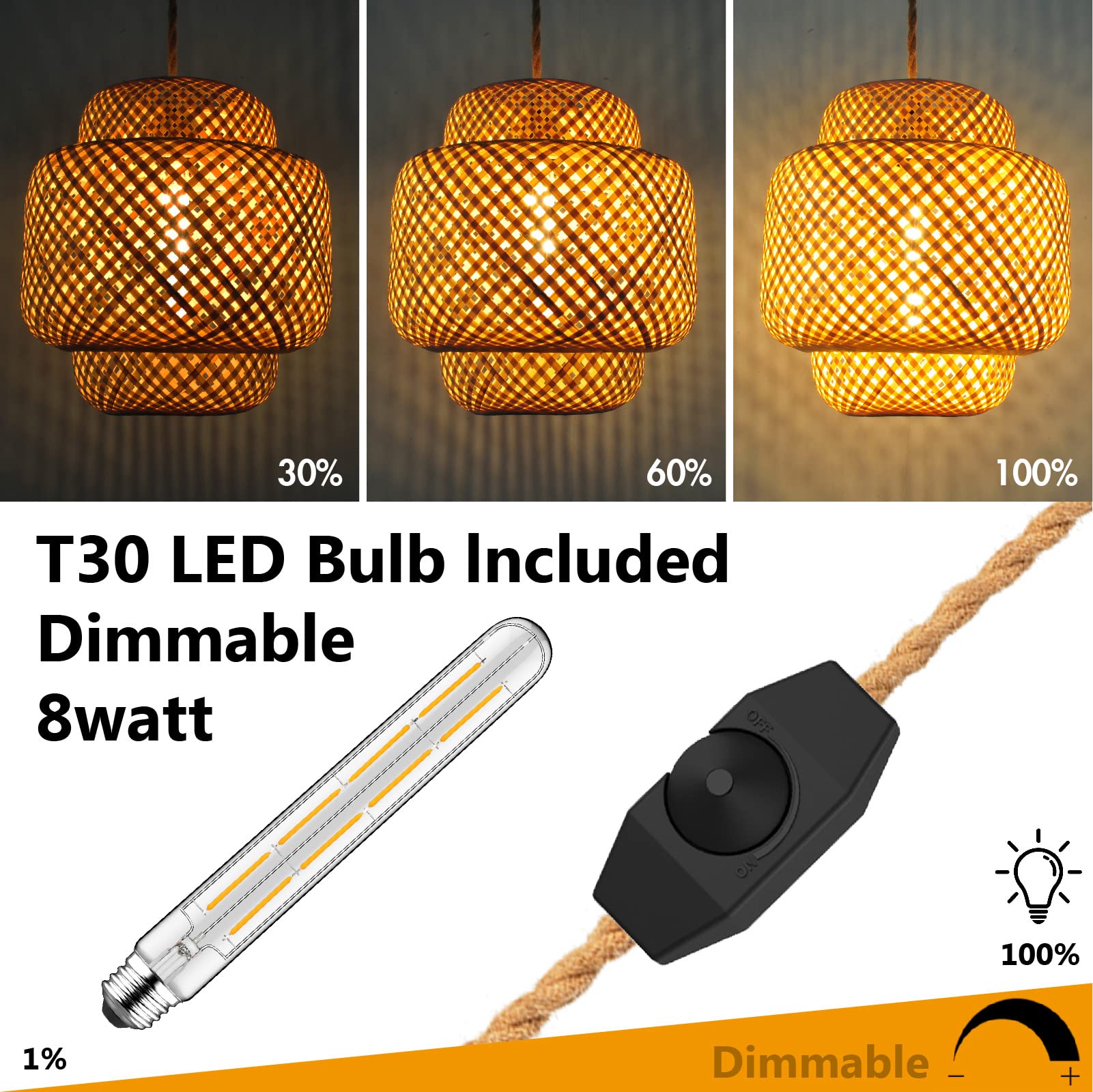 Plug in Pendant Light Hanging Lamp with Handmade Bamboo Lampshade Dimmer Switch Boho Modern Rustic Country Natural Basket Hanging Light with Plug in Cord 