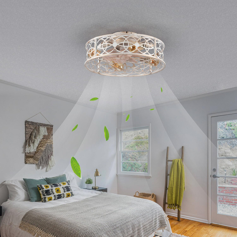 20"Caged Ceiling Fans with Lights Remote Control Industrial Low Profile Flush Mount Ceiling Fan,Farmhouse Bladeless Small Ceiling Fan with Light 4 Bulbs 6 Speed Reversible for Kitchen,Bedroom 