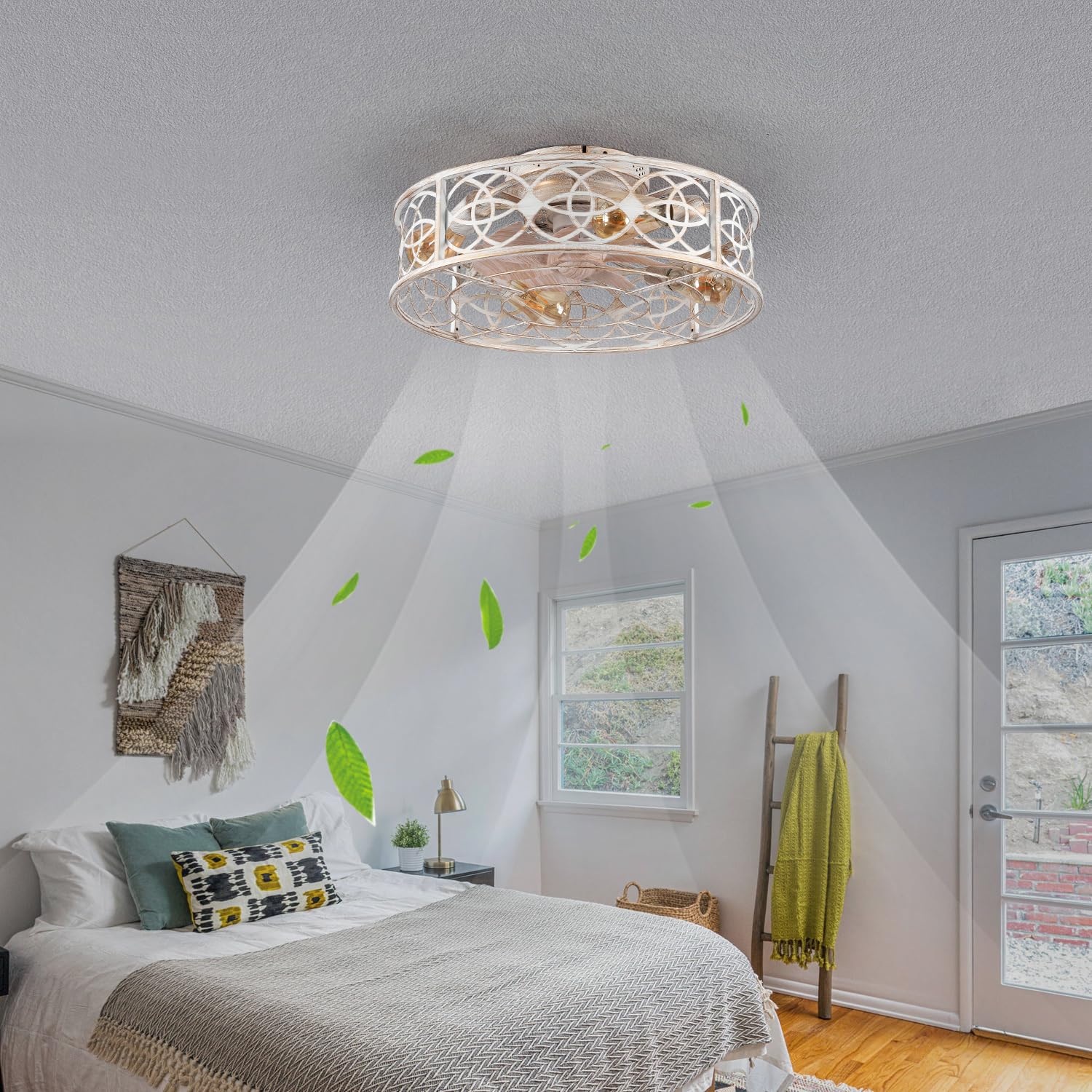20"Caged Ceiling Fans with Lights Remote Control Industrial Low Profile Flush Mount Ceiling Fan,Farmhouse Bladeless Small Ceiling Fan with Light 4 Bulbs 6 Speed Reversible for Kitchen,Bedroom 