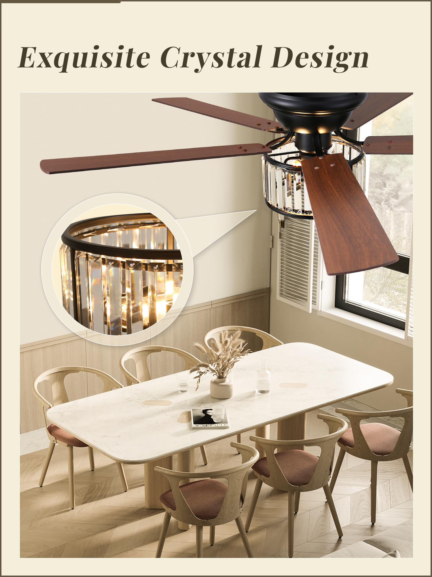 56 Inch Farmhouse Chandelier Ceiling Fan with Remote Control, Black Indoor Crystal Ceiling Fan with 6-Speeds, Quiet Reversible DC Motor, Flush Mount Ceiling Fan with Lights for Bedroom, Living Room 