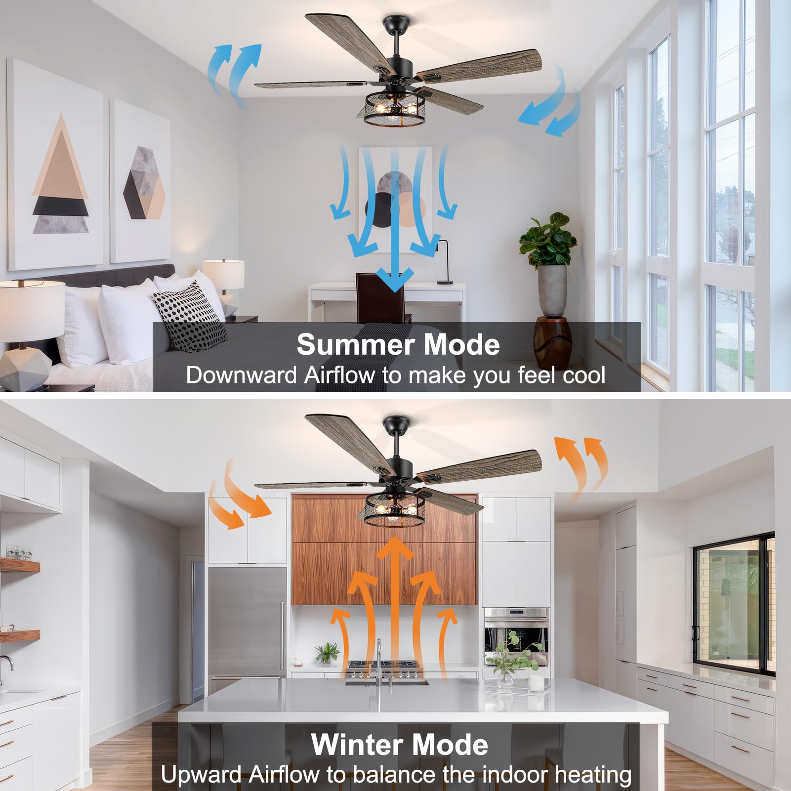  52 Inch Farmhouse Ceiling Fan with Lights and Remote,3-Lights Ceiling Fan with Caged Light Fixture,Rustic Ceiling Fan for Patio, Livingroom, Bedroom, Dining Room 