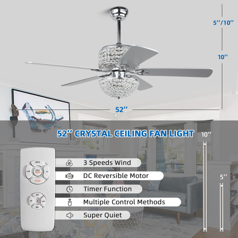 Crystal Ceiling Fan with Lights, 52” Modern Chandelier Fan with Remote Control, Quiet Fandelier with Reversible Dual Finish Blades, Indoor Fan Perfect for Living Room Dining Room, Bedroom, Silver 