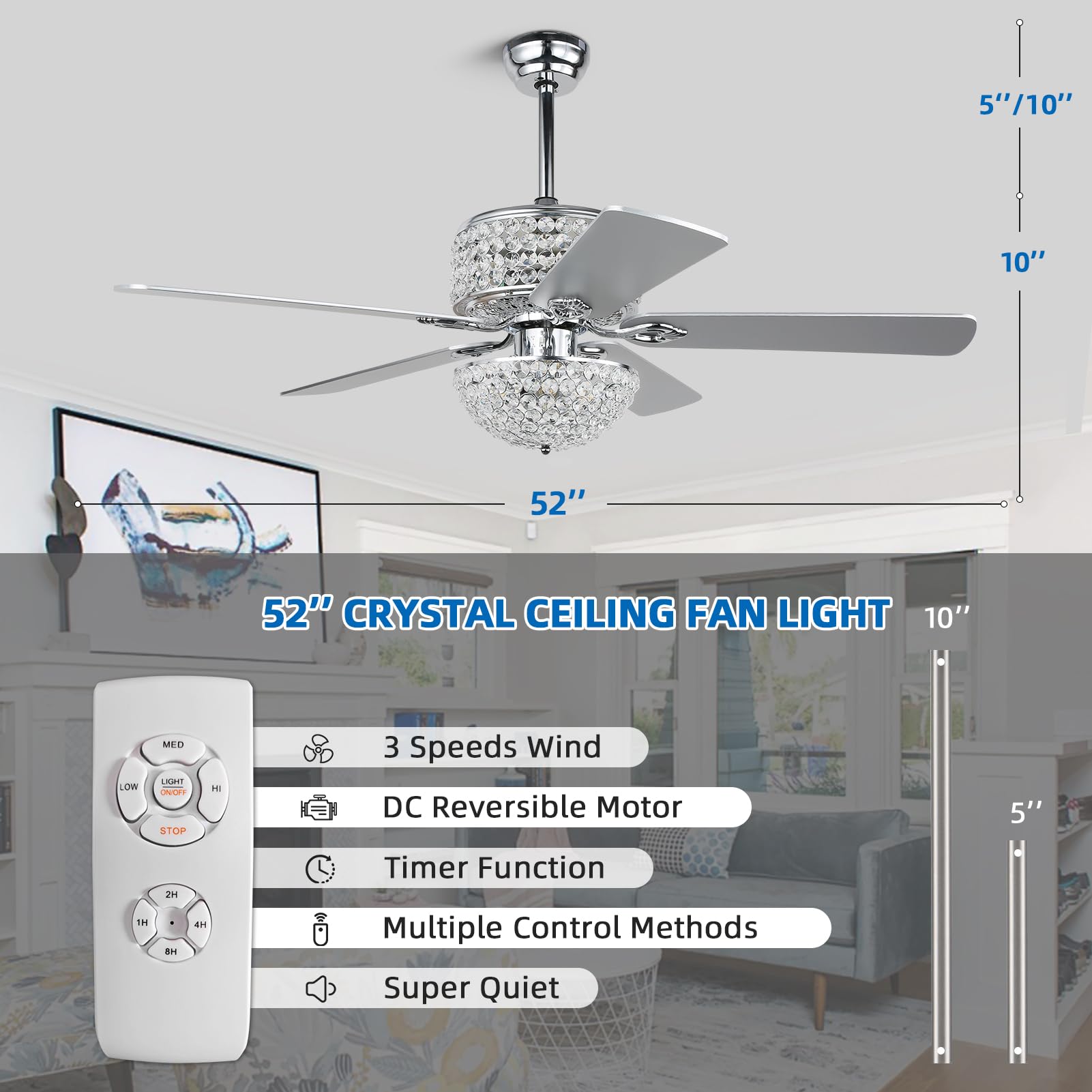 Crystal Ceiling Fan with Lights, 52” Modern Chandelier Fan with Remote Control, Quiet Fandelier with Reversible Dual Finish Blades, Indoor Fan Perfect for Living Room Dining Room, Bedroom, Silver 