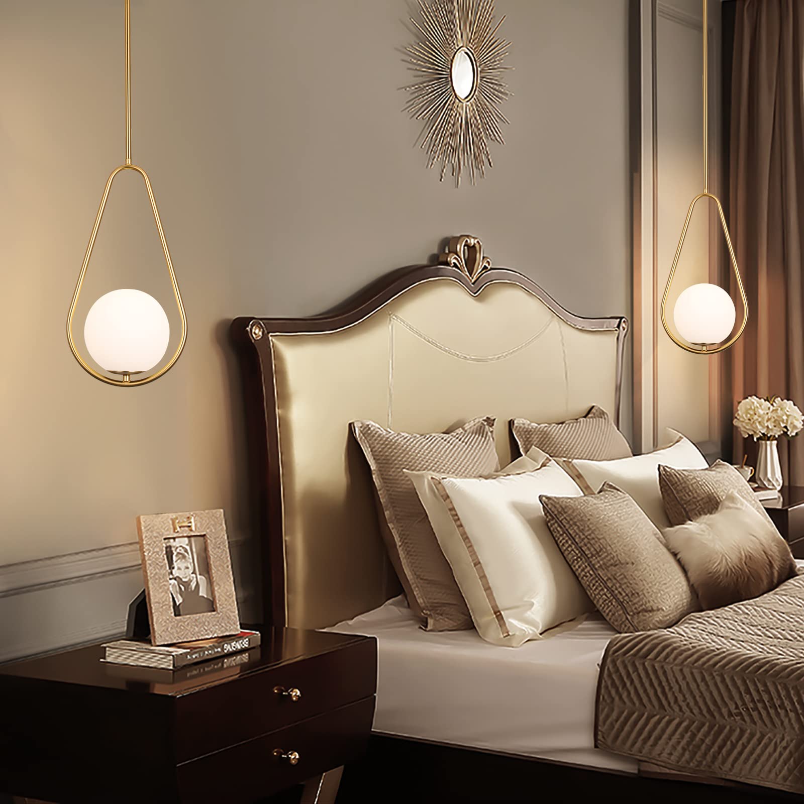 Gold Pendant Lighting Brass Finished Modern Style Kitchen Island Lighting,One Light Glass Globe Pendant Light for Indoor Hanging Light Fixture,Adjustable Length Lamp for Dinning Room Bedroom 