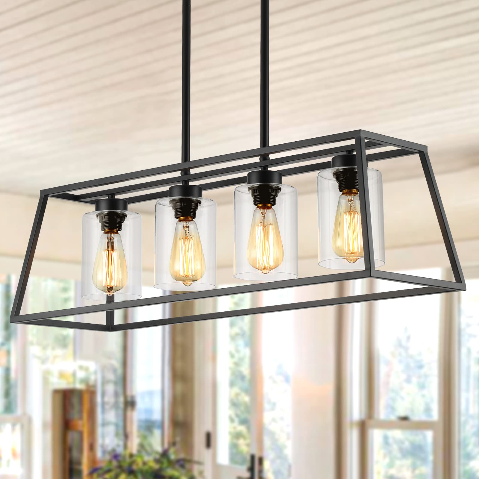 Dining Room Light Fixtures Over Table, Black Farmhouse Chandeliers for Dining Room 4/5/6-Lights with Cylinder Clear Glass, Apply to Rectangle Chandelier for Kitchen Island Bar Cafe 