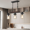 Wood Island Light for Kitchen/Restaurant,3/4/5/6-Light Farmhouse Dining Room Fixture/Chandelier Over Table/Bar,Matte Black Industrial Linear Pendant Lighting Fixtures Ceiling Hanging with Glass Shade-