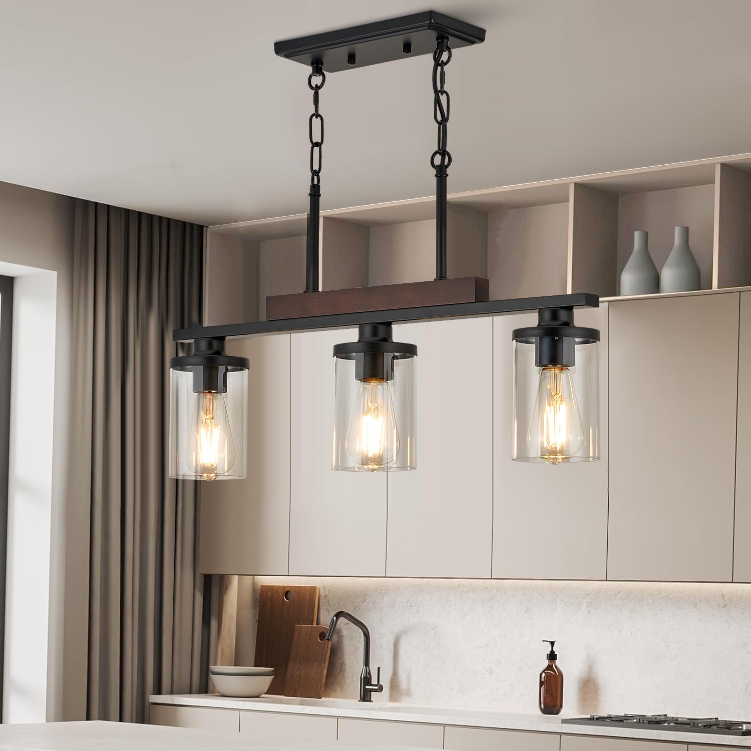 Wood Island Light for Kitchen/Restaurant,3/4/5/6-Light Farmhouse Dining Room Fixture/Chandelier Over Table/Bar,Matte Black Industrial Linear Pendant Lighting Fixtures Ceiling Hanging with Glass Shade-
