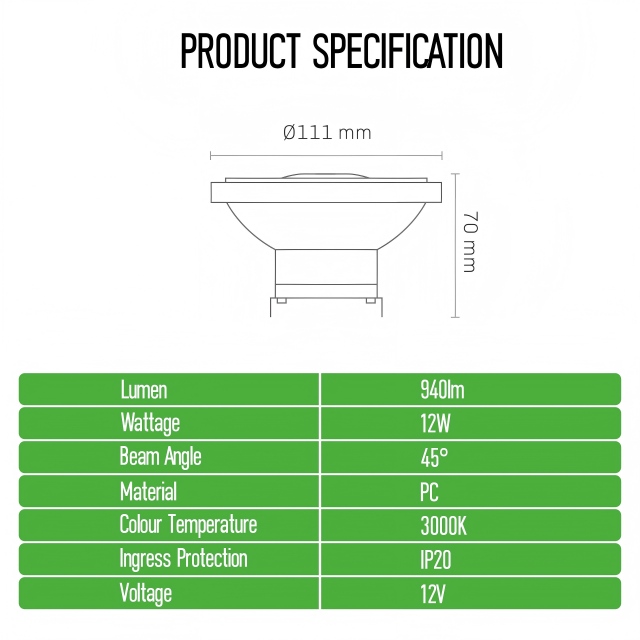 LED Bulb AR111 G53 12W AC/DC 12V LED Spotlight Not Dimmable Warm White 3000K 45 Degree Beam Angle